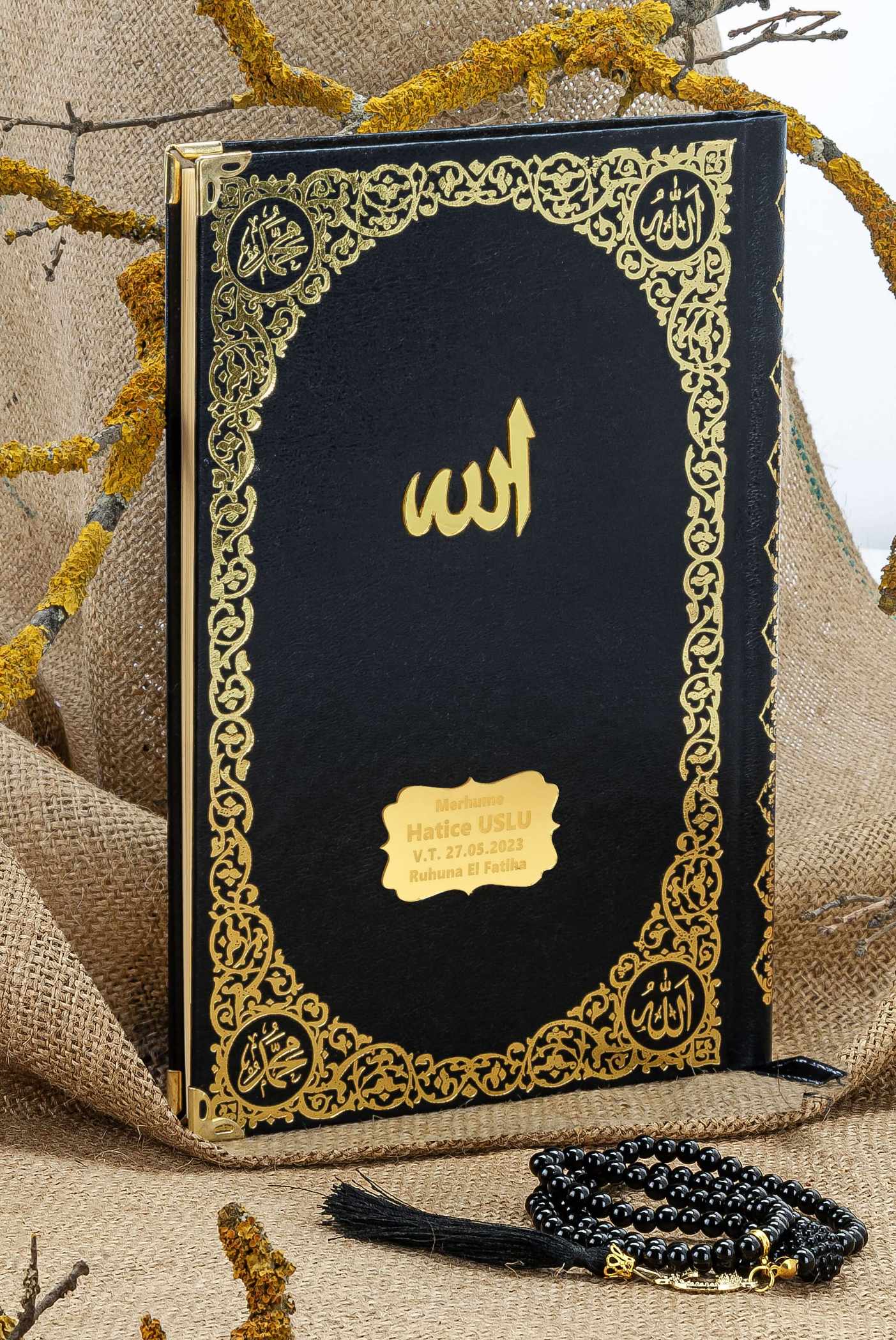 Cam İnci Tespihli Tül Keseli İsim Baskılı Deri Ciltli Yasin Kitabı - Desen 5 - Siyah - Çanta Boy - 80 SAYFA