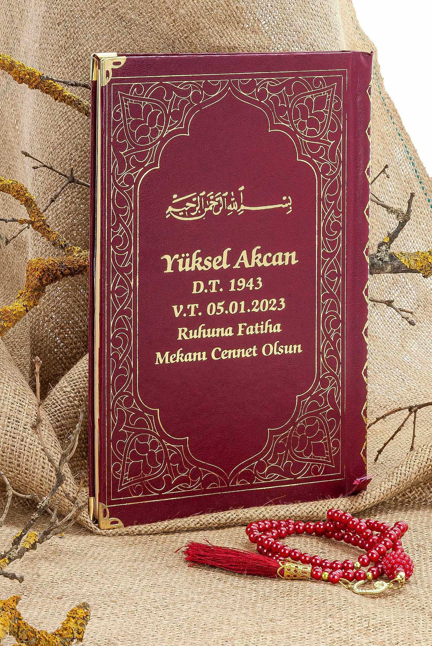Cam İnci Tespihli Tül Keseli İsim Baskılı Deri Ciltli Yasin Kitabı - Desen 4 - Bordo - Çanta Boy - 80 SAYFA