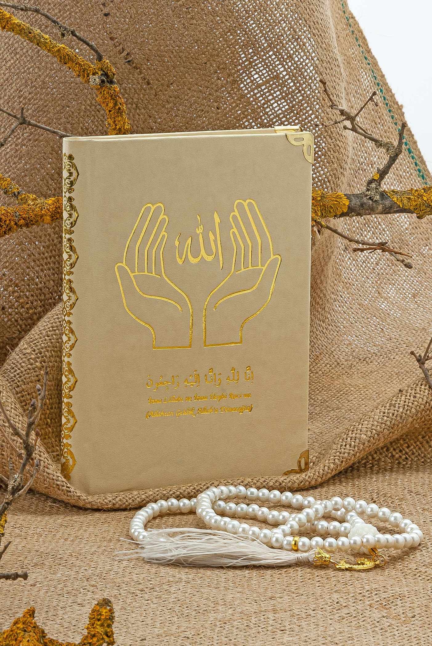 Cam İnci Tespihli Tül Keseli İsim Baskılı Deri Ciltli Yasin Kitabı - Desen 2 - Krem - Çanta Boy - 80 SAYFA