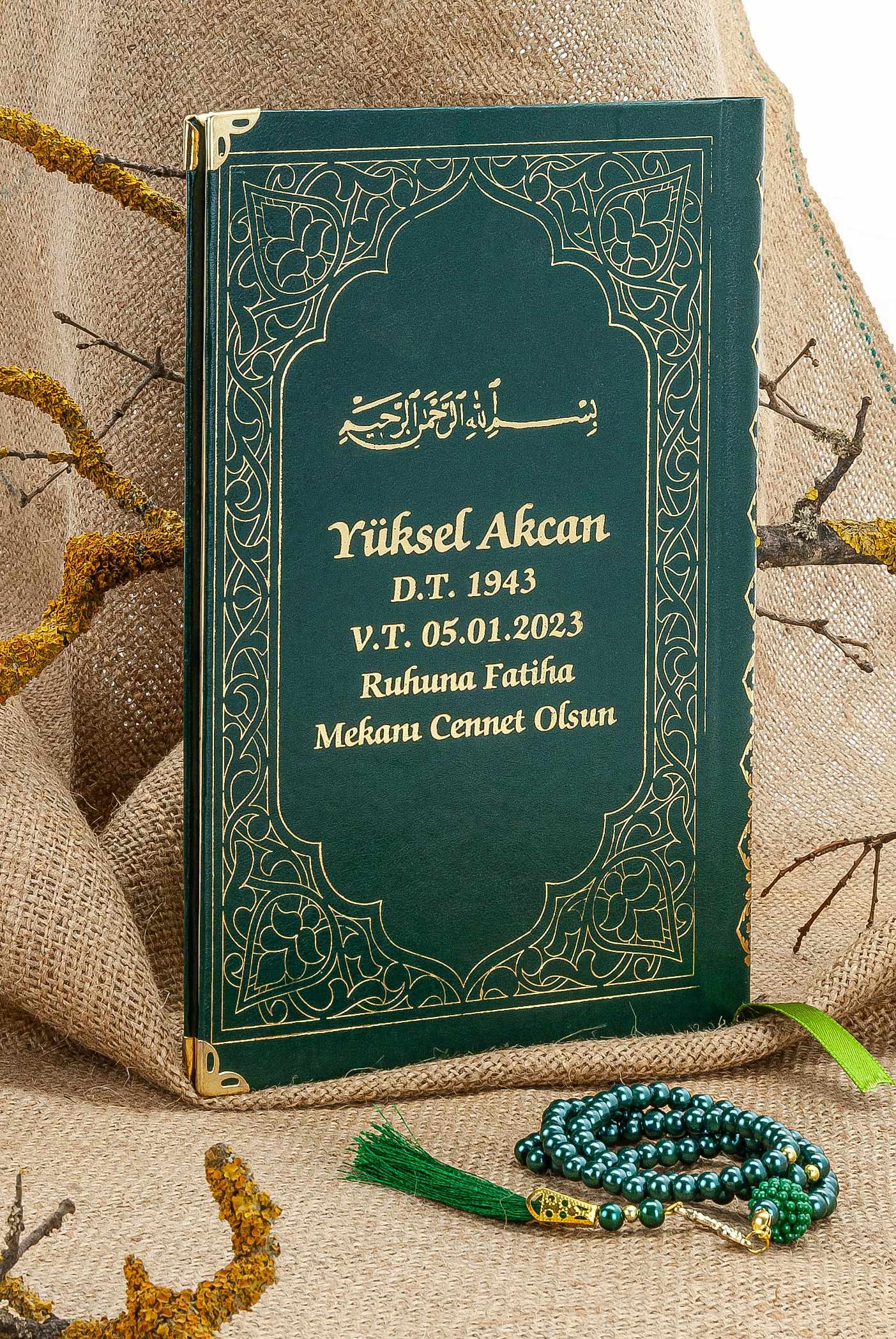 Cam İnci Tespihli Tül Keseli İsim Baskılı Deri Ciltli Yasin Kitabı - Desen 4 - Yeşil - Çanta Boy - 80 SAYFA